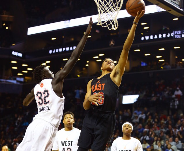 4/15/2016 8:00PM -- New York, NY, U.S.A -- East Team guard Markelle Fultz (20) goes up for a shot while being defended by West Team forward Wenyen Gabriel (32) during the first half of the Jordan Brand Classic Boys National Game at Barclay's Center.-- Photo by Andy Marlin-USA TODAY Sports Images, Gannett ORG XMIT: US 134691 Jordan hoops 4/15/2016 [Via MerlinFTP Drop]